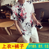 棉麻套装男夏季中国风 加大码休闲印花修身亚麻薄款短袖T恤潮男装