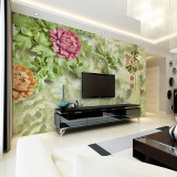 中式简约玉雕牡丹墙纸壁画3d立体无缝无纺布客厅电视背景墙纸壁纸