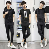 夏季男士短袖套装 新款韩版修身运动套装学生休闲九分裤T恤潮牌