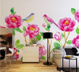 简约中式水彩电视背景墙纸手绘花鸟客厅卧室壁画整张花卉影视壁纸