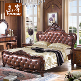 家具美式实木床双人 新古典法式婚床1.8米高箱床 真皮欧式床深色