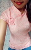 蜜桃粉色半袖蕾丝上衣 中式改良短袖性感修身复古气质范旗袍上衣