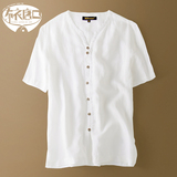 夏季中式亚麻衬衫男短袖V领薄款纯色寸衫中国风大码宽松休闲衬衣
