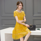 Alice wang女装夏季新款裙子甜美黄色短袖蕾丝公主裙蓬蓬连衣裙