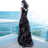 夏天大码背心裙波西米亚黑长裙雪纺连衣裙海边度假沙滩裙修身显瘦