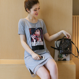 2016夏季新款短袖t恤女韩国闺蜜装宽松蕾丝边拼接开叉中长款T恤裙