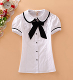 小熊维尼夏季少女学生装 蝴蝶结修身娃娃领可爱甜美全棉短袖衬衫