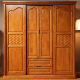 全实木衣柜 简约现代中式橡木推拉门衣柜 4门大衣柜衣 橱卧室家具