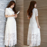 夏季韩国新款流苏连衣裙女版短袖修身中长款假两件套蕾丝镂空长裙