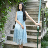 原创自制16新款夏水溶刺绣网纱蕾丝修身显瘦淡蓝色无袖连衣裙