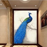 3D孔雀 欧式竖版大型壁画玄关走廊卧室过道壁纸办公室无纺布墙纸