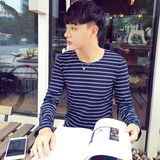 秋季男士韩版修身上衣服圆领条纹长袖T恤青少年日系潮男装打底衫