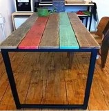 loft美式乡村复古实木餐桌做旧彩色条纹桌休闲咖啡桌椅电脑桌书桌