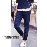 YASSAY原创高级定制原单欧美夏高腰显瘦女蓝色竖细条纹休闲九分裤
