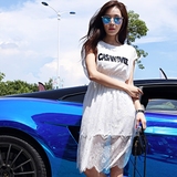 2016夏季新款女装韩版时尚字母亮片刺绣蕾丝连衣裙中长款修身显瘦