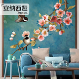 现代中式花鸟墙纸 玄关书房客厅背景墙壁纸 手绘蓝色无缝大型壁画