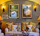二联天鹅湖风景油画美式欧式手绘有框壁画客厅装饰画餐厅挂画玄关