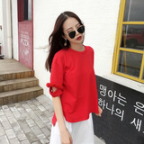 2016韩国夏季纯色宽松大码女装卫衣休闲套头中袖品牌短袖纯棉上衣