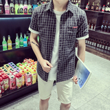 学生夏季小格子短袖衬衫大码韩版潮男青少年修身半袖衬衣中袖外套