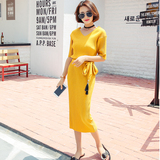 8度 韩版夏季新款女装修身显瘦中长款女裙 短袖性感V领女连衣裙