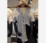 2016韩国东大门代购夏季女装新款前后V领字母翻领条纹短袖衬衫