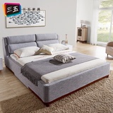 三五 现代布艺床 可拆洗 双人床 1.8米软床布床 北欧实木棉麻布床