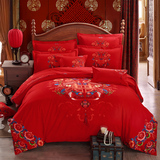 简约大红婚庆全棉活性磨毛四件套 纯棉柔美圆角床单1.8米床上用品