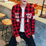 男士新款休闲长袖衬衫韩版青年格子创意常规潮流薄款宽松时尚上衣