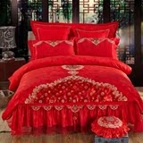 罗莱蕾丝新婚庆四件套大红全棉结婚纯棉被套六八十多件套床上用品