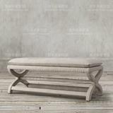 美式实木铆钉创意软包换鞋凳布艺床尾凳 法式欧式简约试衣间脚凳