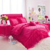 韩版夹棉加厚四件套纯粉玫红色蕾丝床裙床罩加厚被套结婚床上用品
