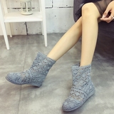 夏季韩版新款时尚针织镂空网布靴平底内增高女款短靴编织鞋