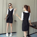 2016新款韩版女装假两件中长款修身条纹ol职业连衣裙衬衫纯棉长袖