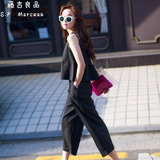 韩国代购2016新款女装两件套 黑色无袖条纹阔腿裤套装女夏装时尚