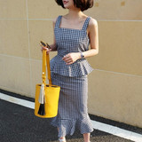 夏季韩国复古修身格子纹吊带背心荷叶边鱼尾半身裙两件套装连衣裙