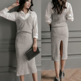 秋季女韩版时尚毛衣套装裙针织衫吊带修身开叉半身裙中长款两件套