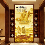 大型壁画3d立体玄关走廊过道电视背景墙纸壁纸中式金色山水帆船图