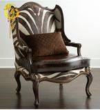 老虎椅  美式复古实木沙发椅欧式新古典皮艺休闲椅法式做旧单人椅