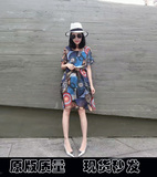 2016新款气质女装夏韩版高腰连衣裙中裙女雪纺圆领短袖修身收腰裙