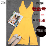 现货 2016夏季新款Lin同款深v领性感下摆开叉黄色连衣裙女修身夏
