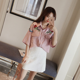 2016夏装新款韩版女士七分袖花朵上衣宽松显瘦刺绣气质短袖衬衫潮
