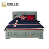 美式乡村实木床地中风格海蓝色双人床 1.5米1.8高箱抽屉床定制