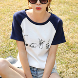 夏装韩版纯棉白色短袖t恤女宽松学生韩国条纹体恤韩范修身夏季潮