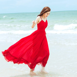 大红色长裙露背吊带雪纺连衣裙波西米亚海边沙滩裙度假裙大码宽松