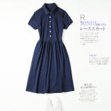 日系女装新款夏 减龄珠地纯棉文艺范复古POLO短袖连衣裙显瘦长裙