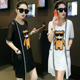 2016夏季新款韩版时尚中长款蕾丝雪纺衫女短袖防晒衣开衫两件套裝