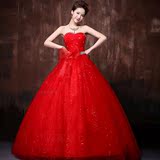 女士结婚晚礼服 红色婚纱无袖抹胸2016新款齐地 花朵显瘦满天星