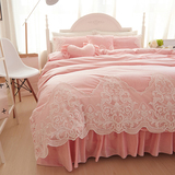 粉色韩版床裙四件套法兰绒冬季保暖公主蕾丝被套床上用品1.8M床罩