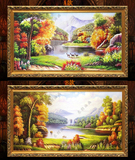 包邮手绘油画欧式风景酒店客厅装饰画三只小鹿聚宝盆国王河的春天