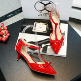 JOY'S2016夏新款尖头细中跟T字带蝴蝶结凉鞋红色性感高跟鞋